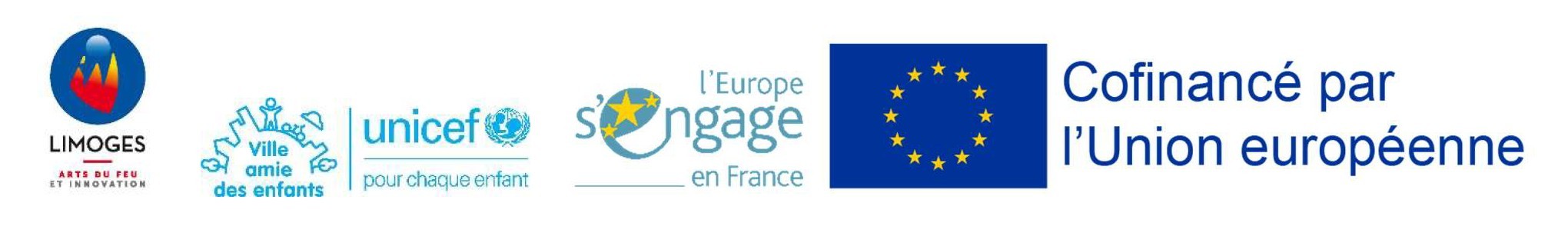 Logos de la ville de Limoges, Ville amie des enfants, L’Europe s’engage en France (FSE), Union européenne (« Cofinancé par l’Union européenne »)